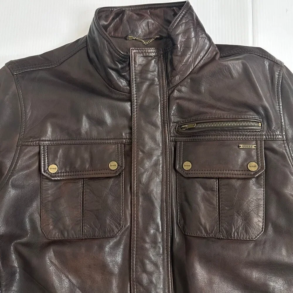GUESS Brown Leather Moto Field Jacket XL – Genuine Leather – Rare 11PLA1001